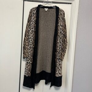 Chicos Leopard Print Longline Cardigan Metallic Trim Duster Sweater Womens 1 M/L